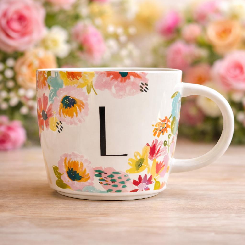 Floral Monogram Mug Letter L 16oz Stoneware. Ship Fast!