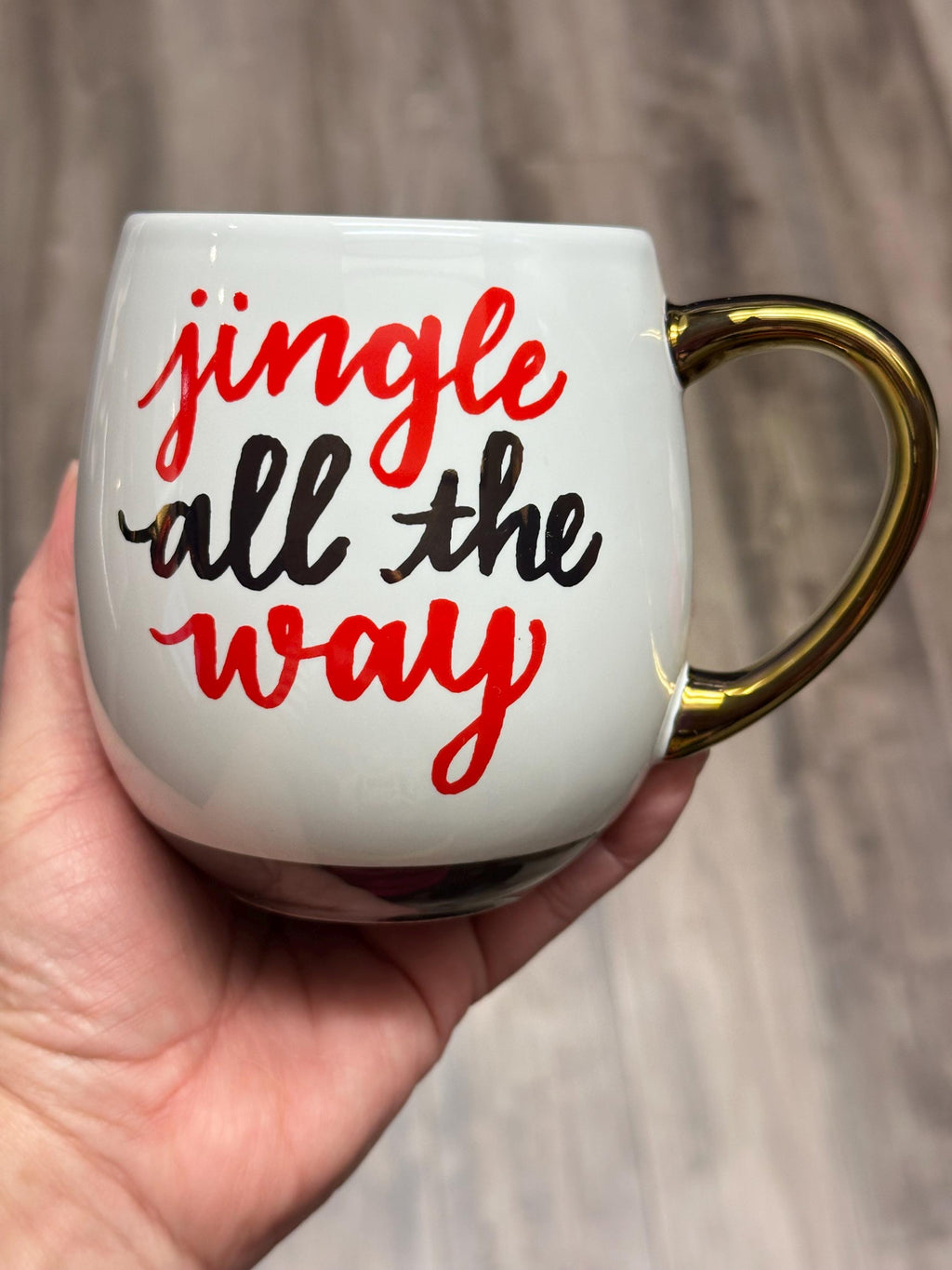 Jingle All The Way Holiday Mug White Gold Handle 14 oz Stoneware. Ship Fast! | Little Joy Market
