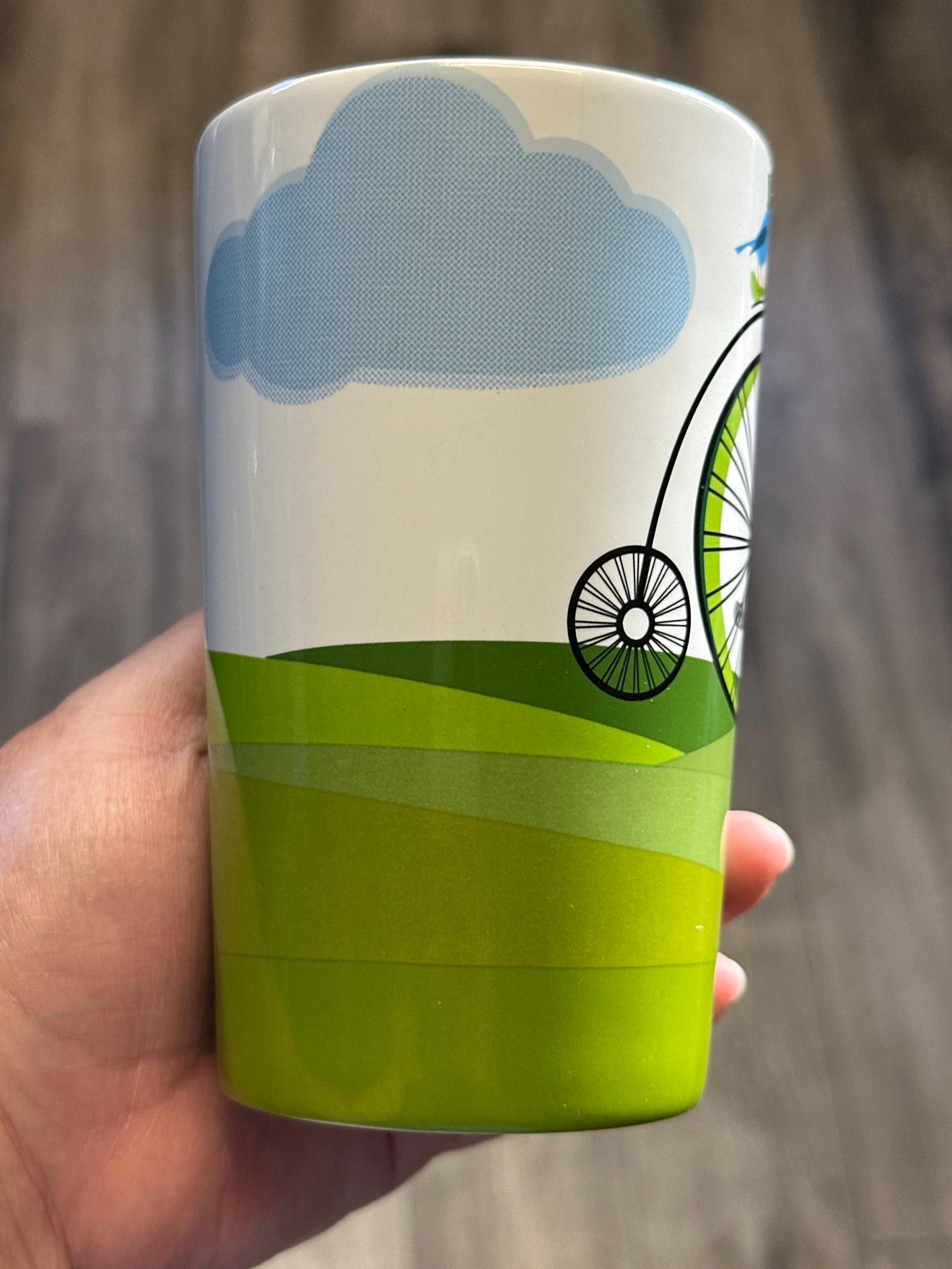 Starbucks Vintage Penny Farthing Bicycle & Blue Bird Tall 16oz Mug. EUC