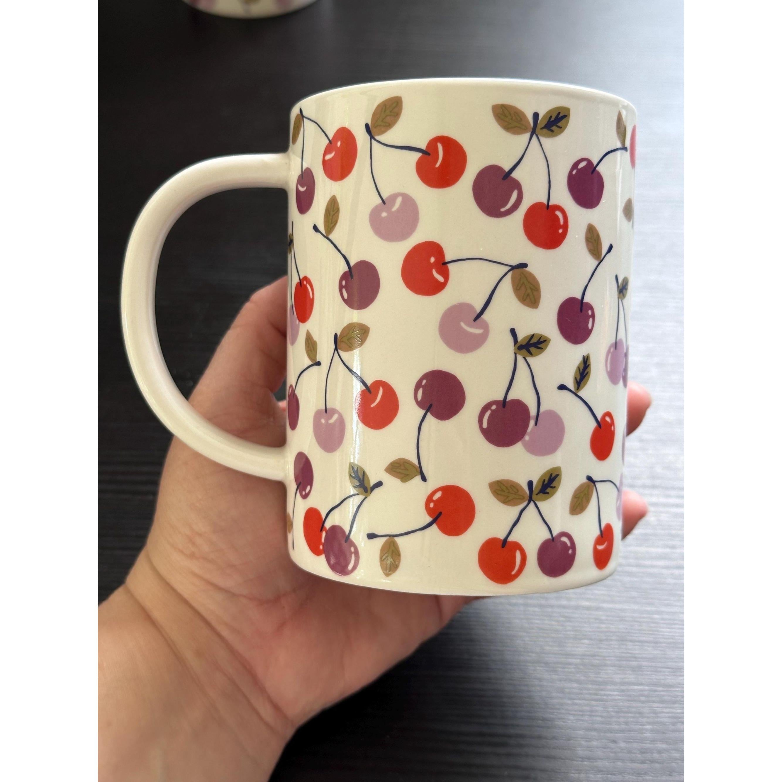 Cherry Print Stoneware Mug, 16 oz: Farmhouse Coffee Cup. Ship Fast!