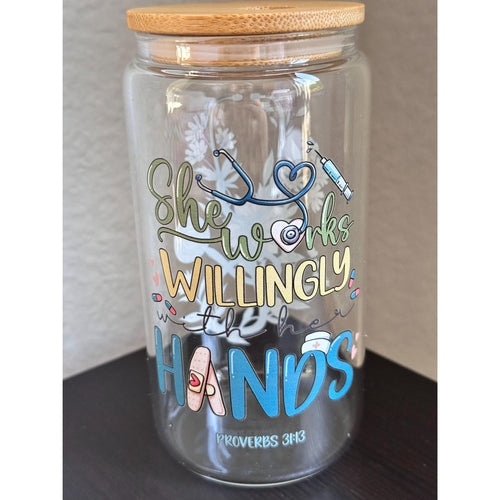 16oz glass cup with lid & straw – “She works willingly with her hands”. Ship fast! | The Corner of Everything