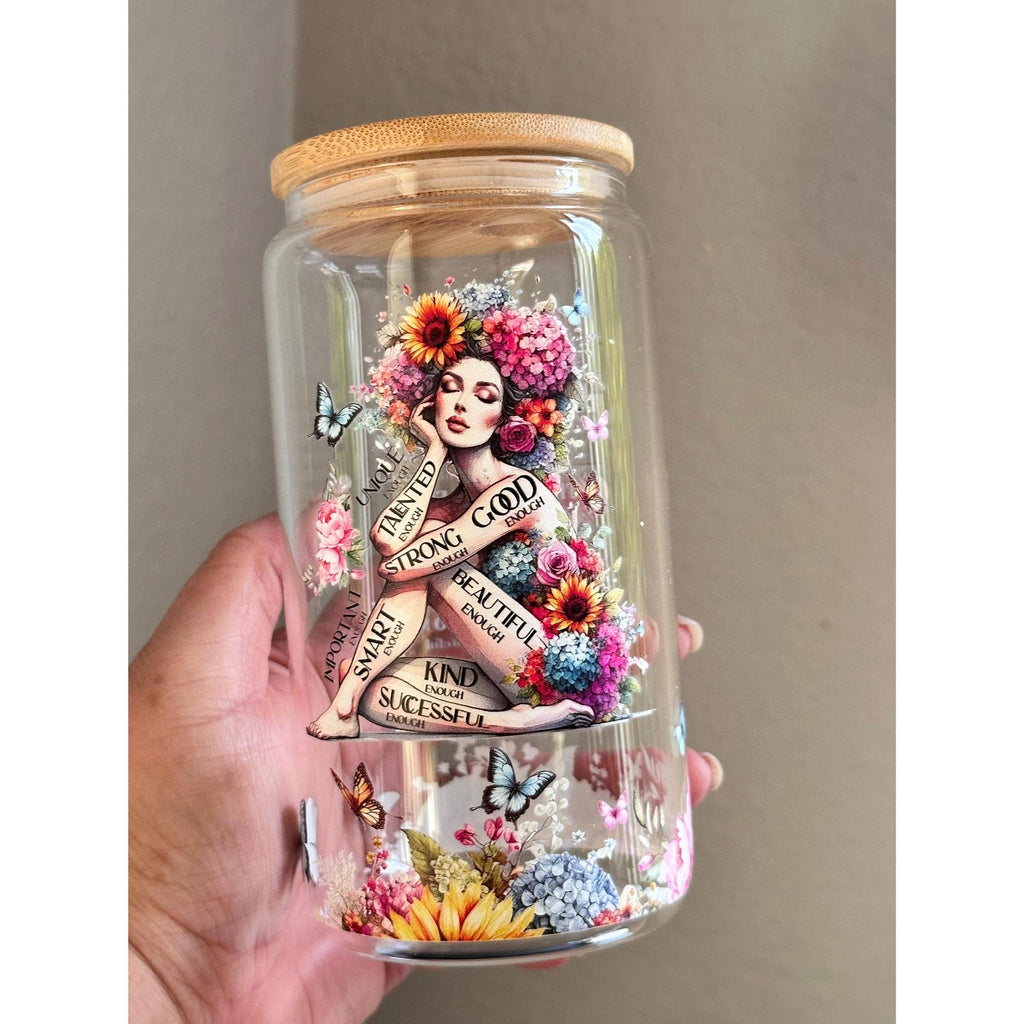 You Are Enough Glass Cup 16oz Bamboo Lid Straw Affirmation Gift | Little Joy Market
