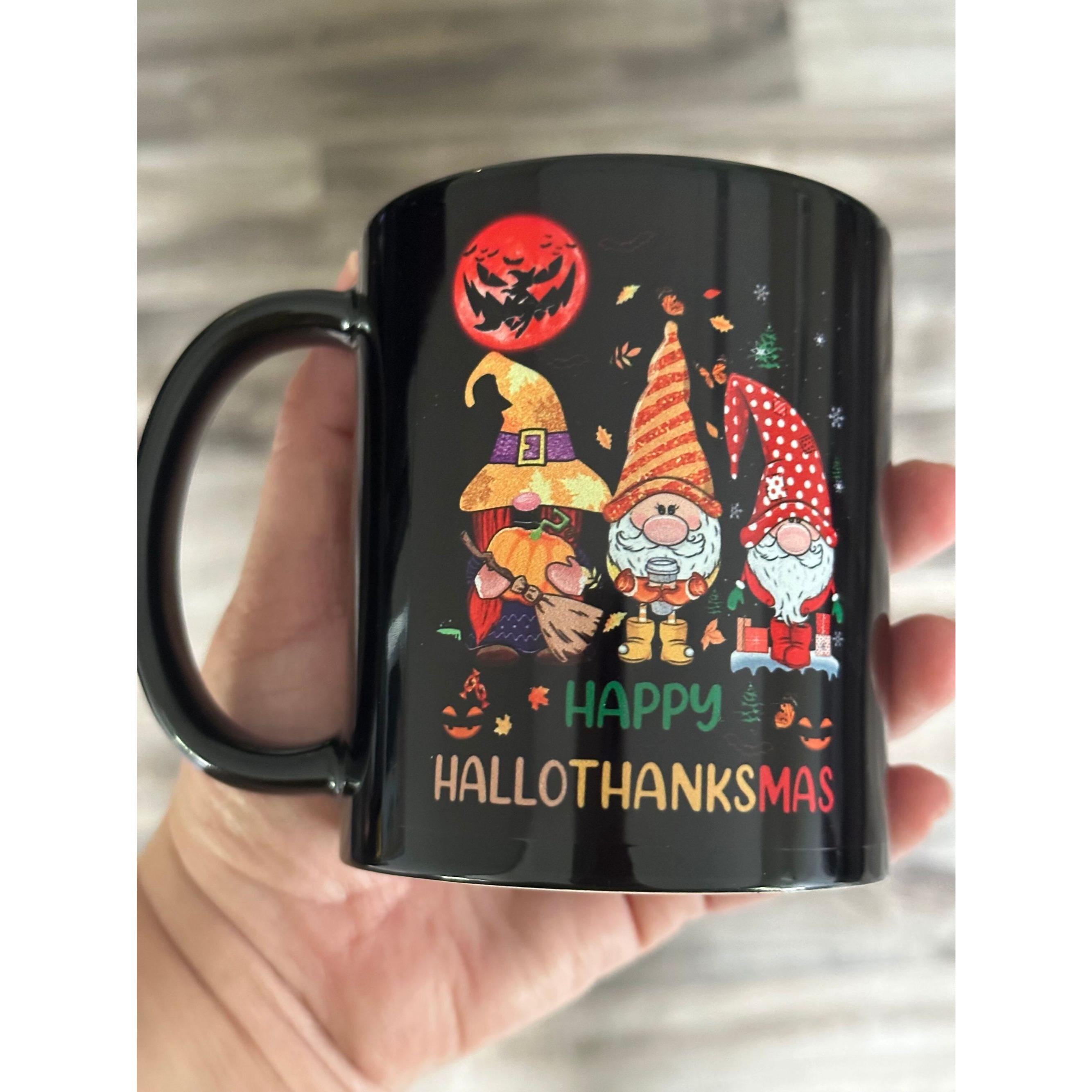 Funny HalloThanksmas Mug Halloween Thanksgiving Christmas Gnomes Cup. New!
