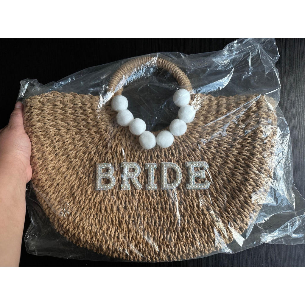 Bridal Straw Beach Bag | Bride Pearl Letter Tote | Wedding & Honeymoon Bag. Ship fast!