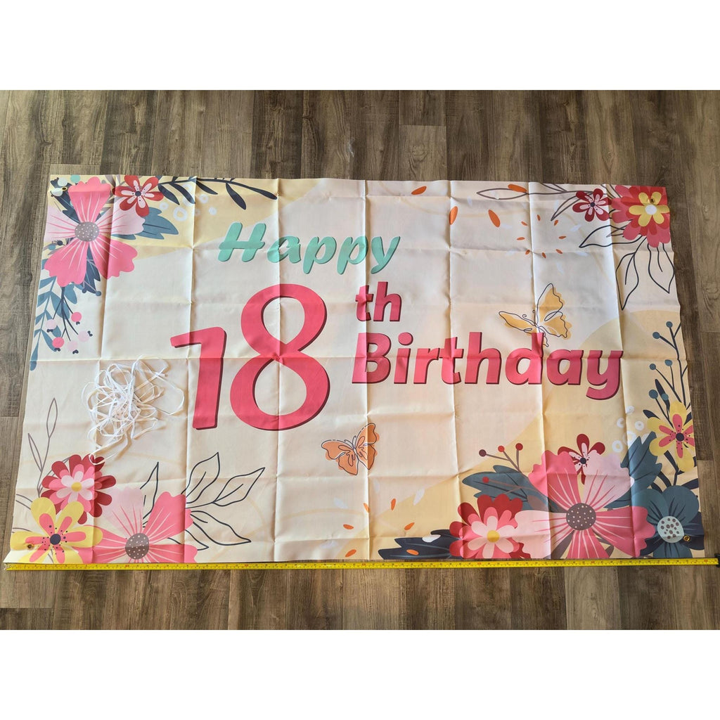 Pink Floral 18th Birthday Backdrop Banner (72x42"). Ship fast!