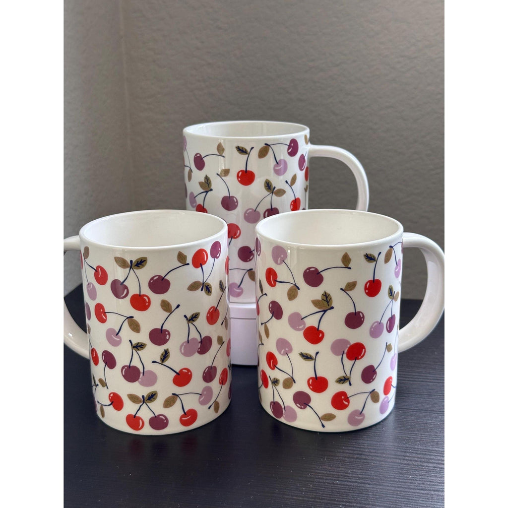 Cherry Print Stoneware Mug, 16 oz: Farmhouse Coffee Cup. Ship Fast!