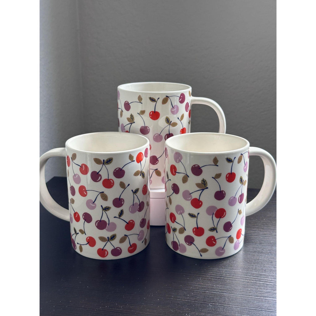 Cherry Print Stoneware Mug, 16 oz: Farmhouse Coffee Cup. Ship Fast!
