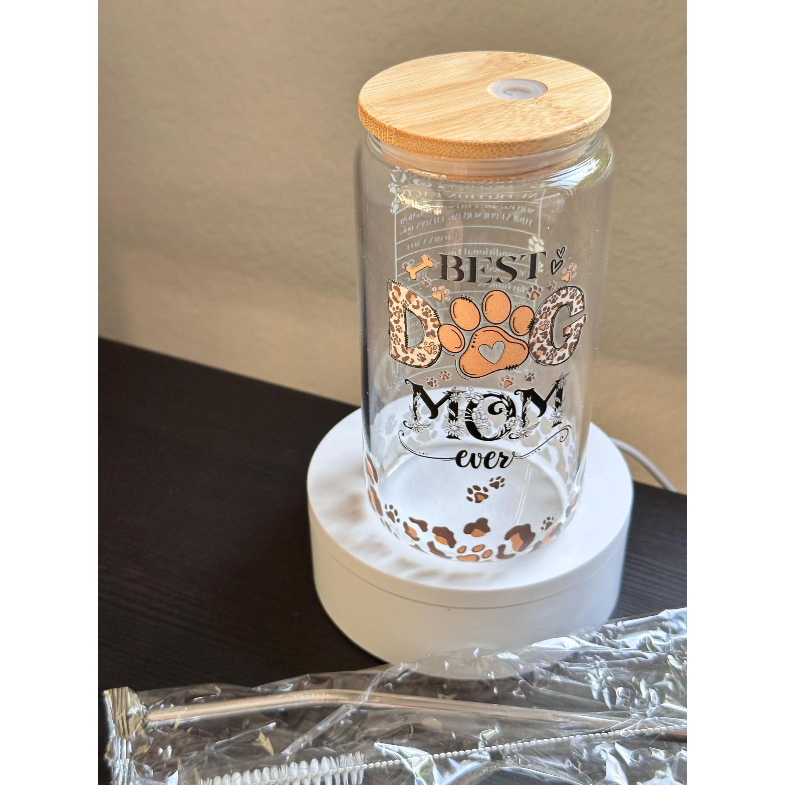 Dog Mom Glass Cup with Bamboo Lid & Straw | 16oz Iced Coffee Cup. Ship fast!