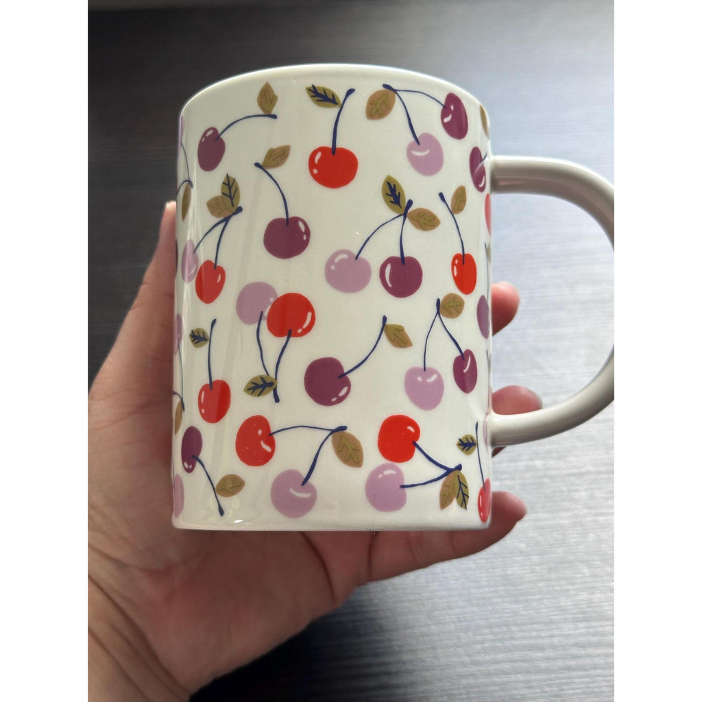 Cherry Print Stoneware Mug, 16 oz: Farmhouse Coffee Cup. Ship Fast!