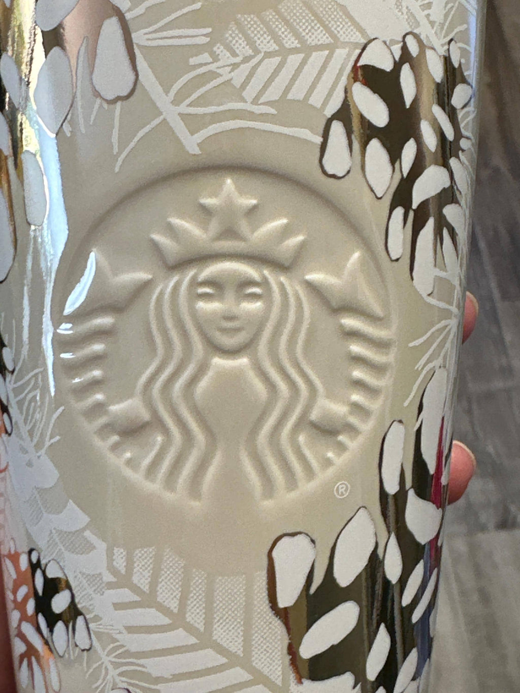 Starbucks Holiday Travel Tumbler 12oz White Gold Ceramic Cup 2020 EUC