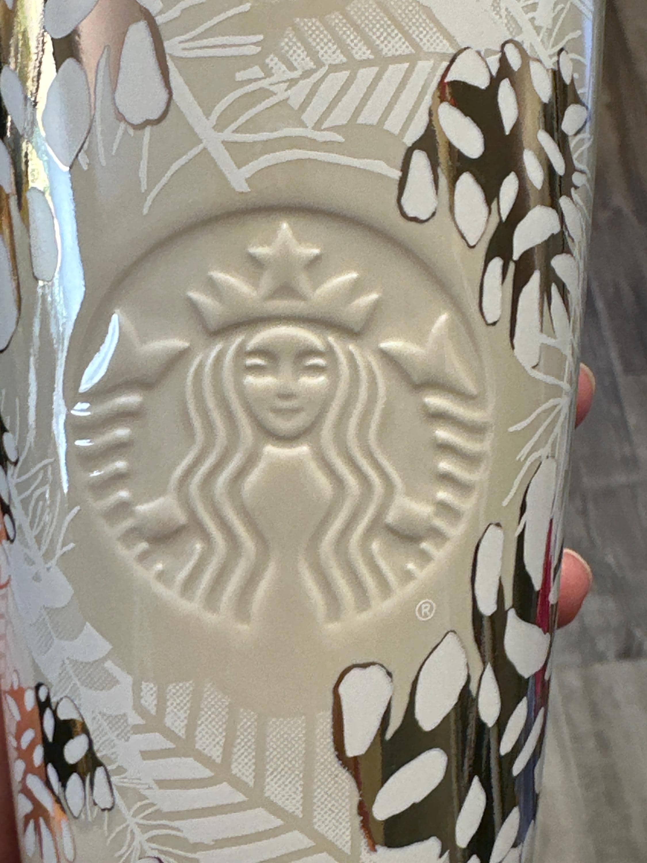 Starbucks Holiday Travel Tumbler 12oz White Gold Ceramic Cup 2020 EUC