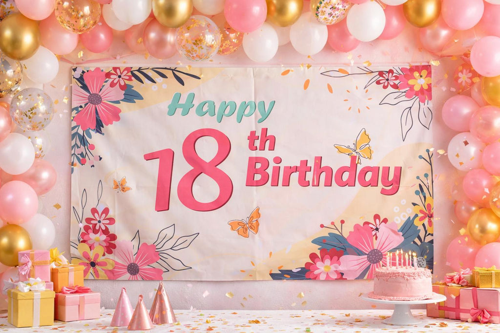 Pink Floral 18th Birthday Backdrop Banner (72x42"). Ship fast! | Little Joy Market