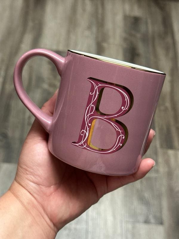 Stoneware Coffee Mug Mauve Gold Trimmed With The Initial B. New! Ship Fast!