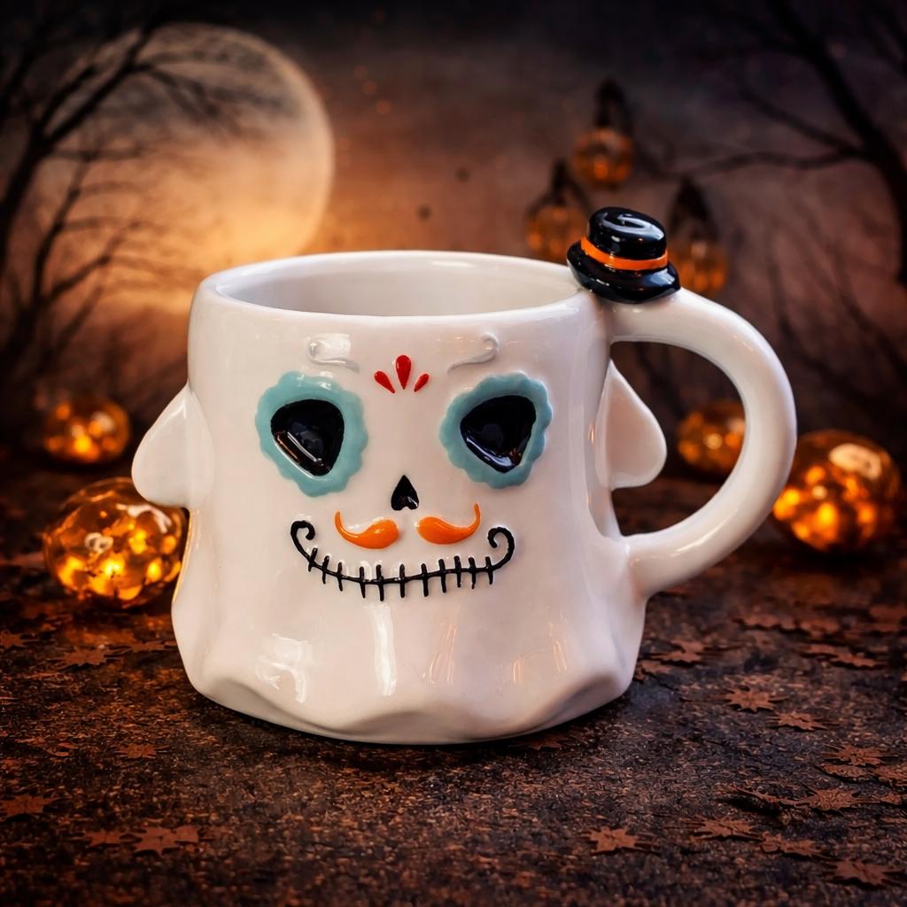 Ghost Calavera Coffee Mug Halloween Skull Cup Day of the Dead Mug. New! | Little Joy Market