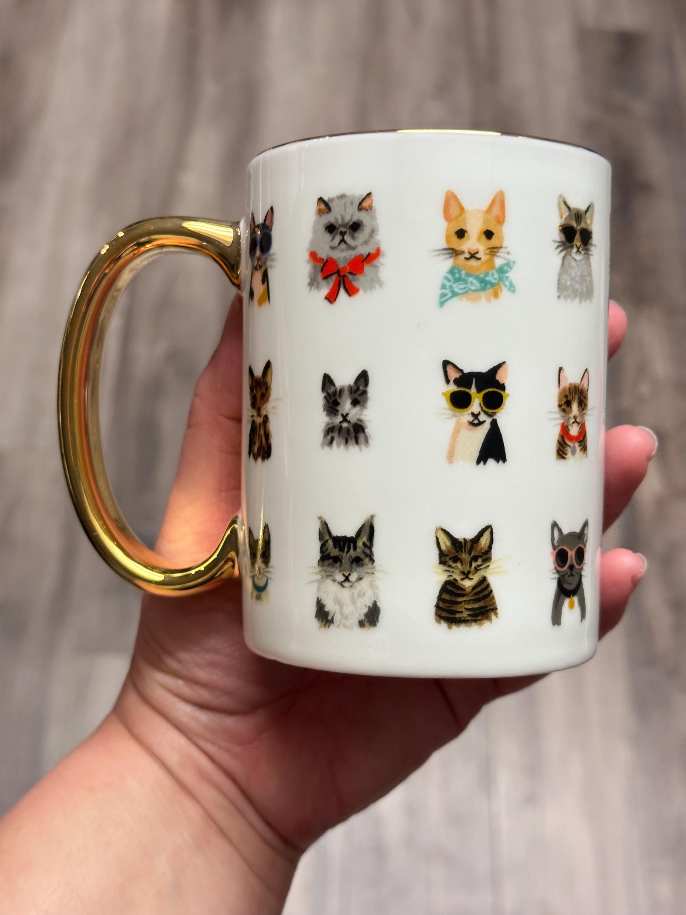 Colorful Cat Faces Coffee Mug with Gold Handle, 12 oz | Little Joy Market