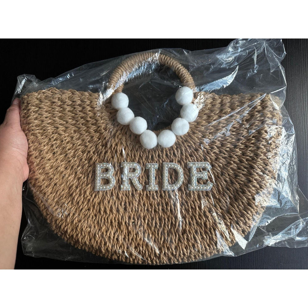 Bridal Straw Beach Bag | Bride Pearl Letter Tote | Wedding & Honeymoon Bag. Ship fast!