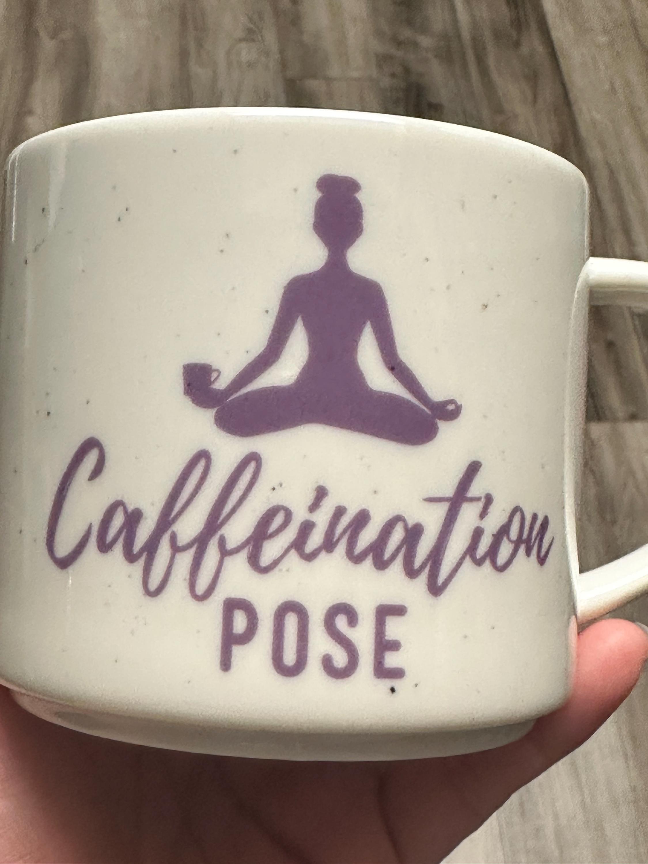 Caffeination Pose Mug 14 oz White and Purple – New. Ship Fast!