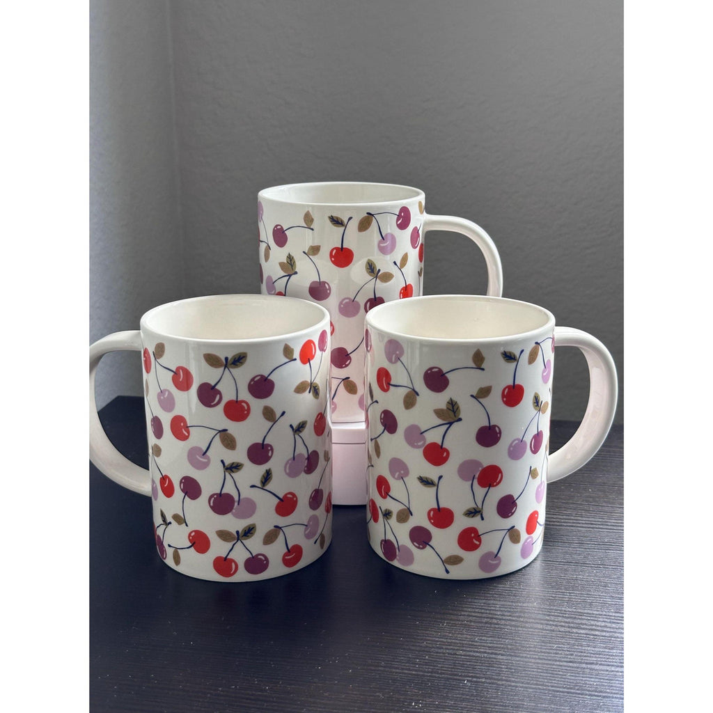 Cherry Print Stoneware Mug, 16 oz: Farmhouse Coffee Cup. Ship Fast!