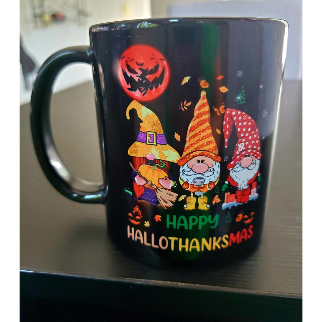 Funny HalloThanksmas Mug Halloween Thanksgiving Christmas Gnomes Cup. New!