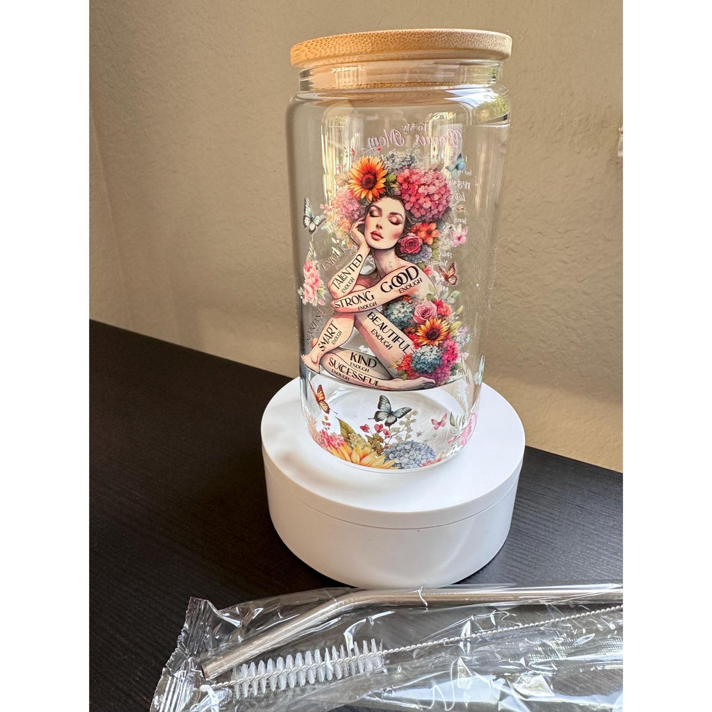 You Are Enough Glass Cup 16oz Bamboo Lid Straw Affirmation Gift