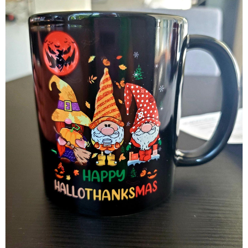 Funny HalloThanksmas Mug Halloween Thanksgiving Christmas Gnomes Cup. New!