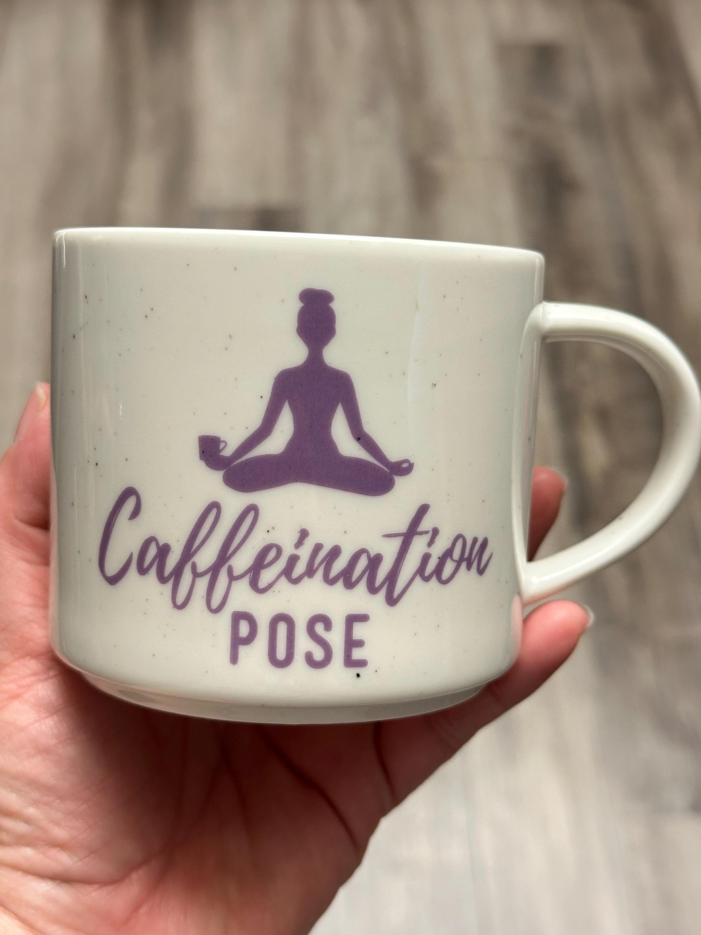 Caffeination Pose Mug 14 oz White and Purple – New. Ship Fast! | Little Joy Market