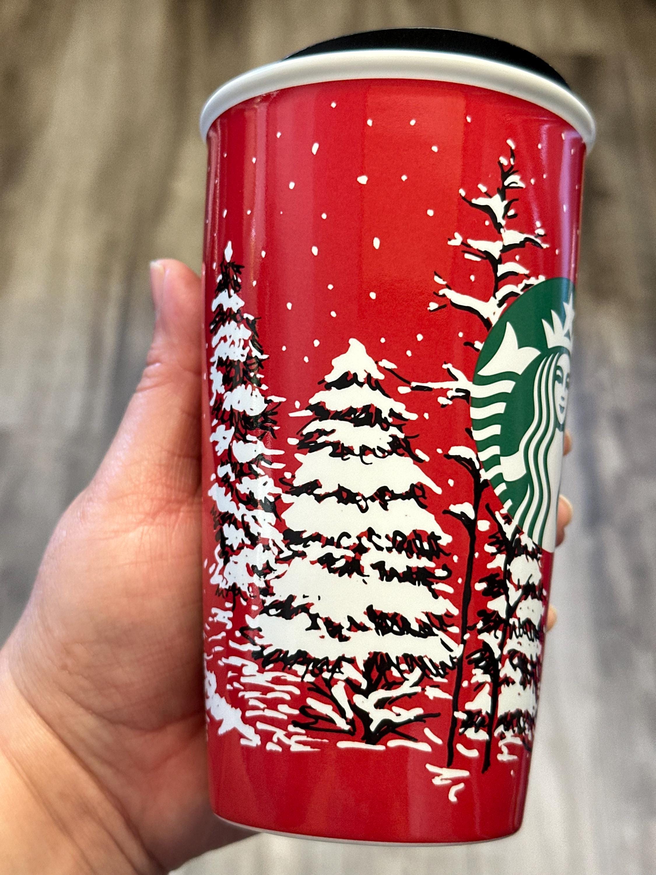 Starbucks Holiday Double Wall Traveler Cup Red Pine Trees 12 oz. Ship Fast!