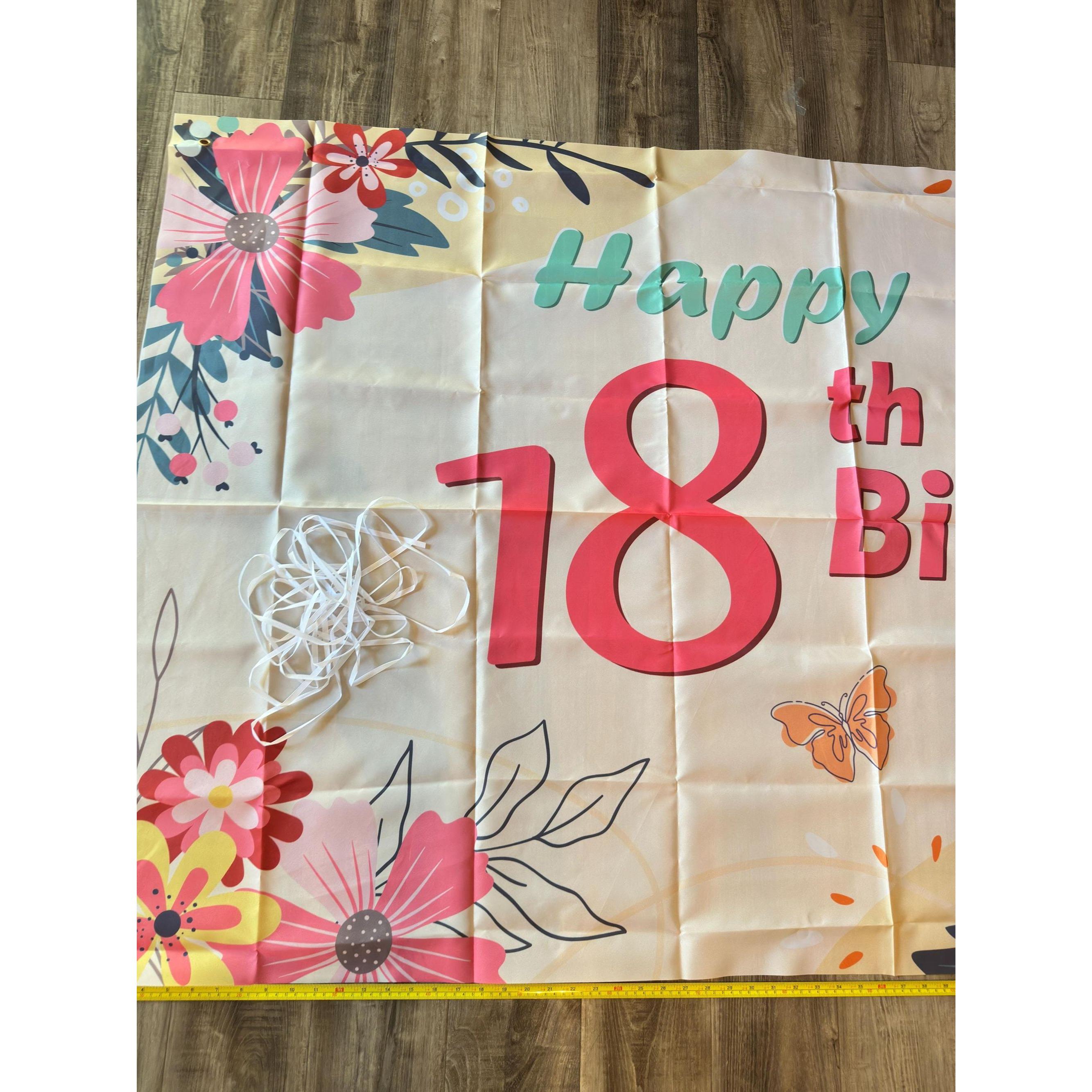Pink Floral 18th Birthday Backdrop Banner (72x42"). Ship fast!