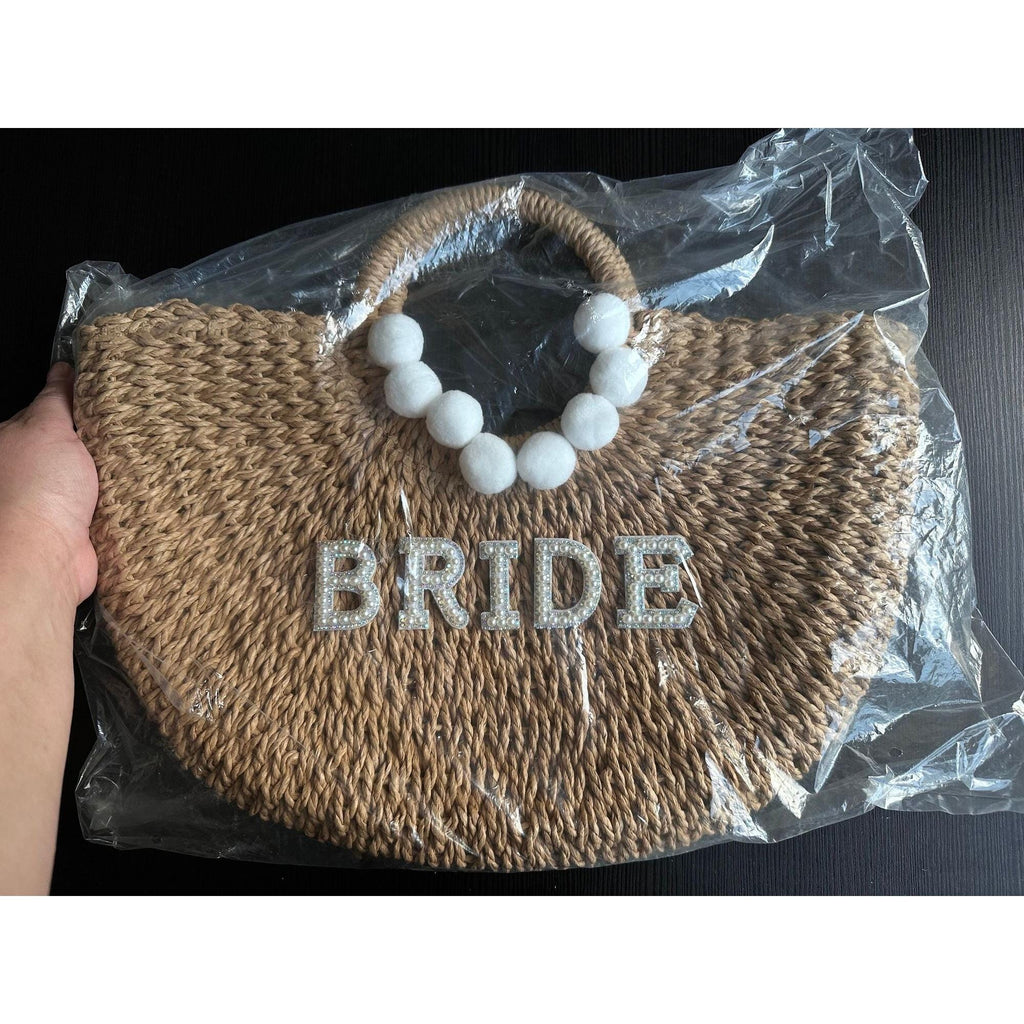 Bridal Straw Beach Bag | Bride Pearl Letter Tote | Wedding & Honeymoon Bag. Ship fast!