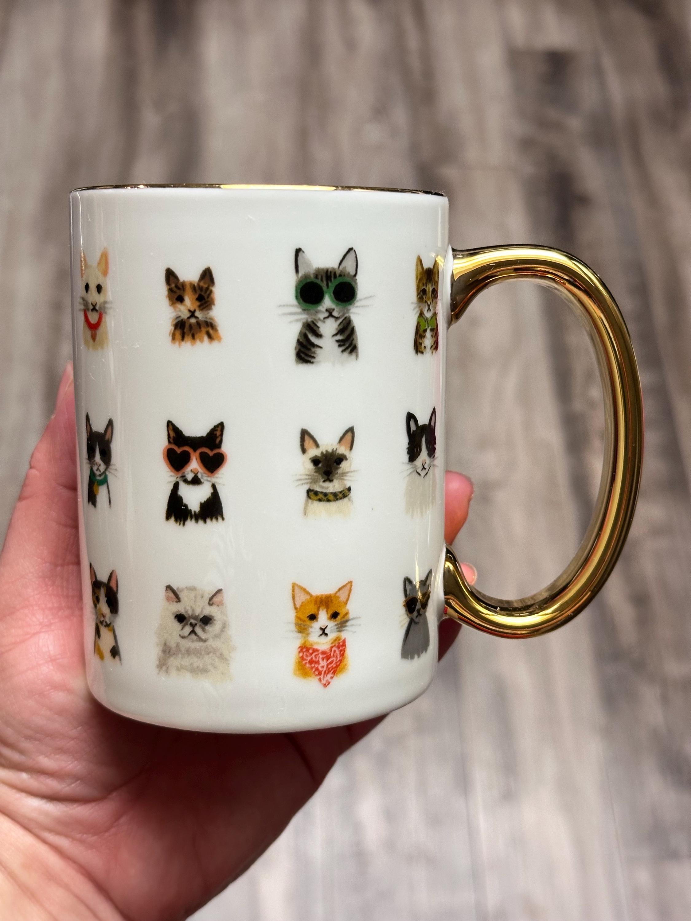 Colorful Cat Faces Coffee Mug with Gold Handle, 12 oz