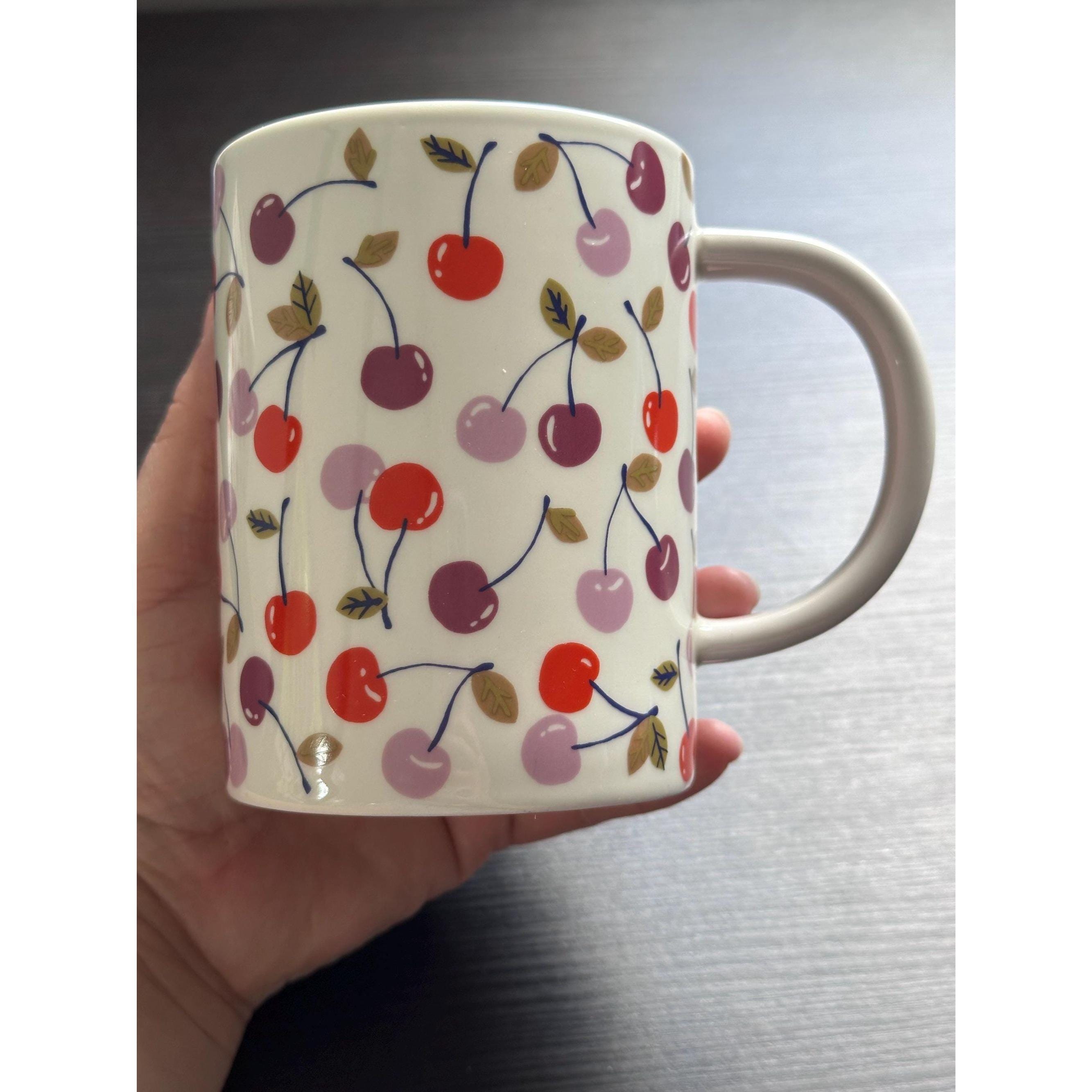 Cherry Print Stoneware Mug, 16 oz: Farmhouse Coffee Cup. Ship Fast!