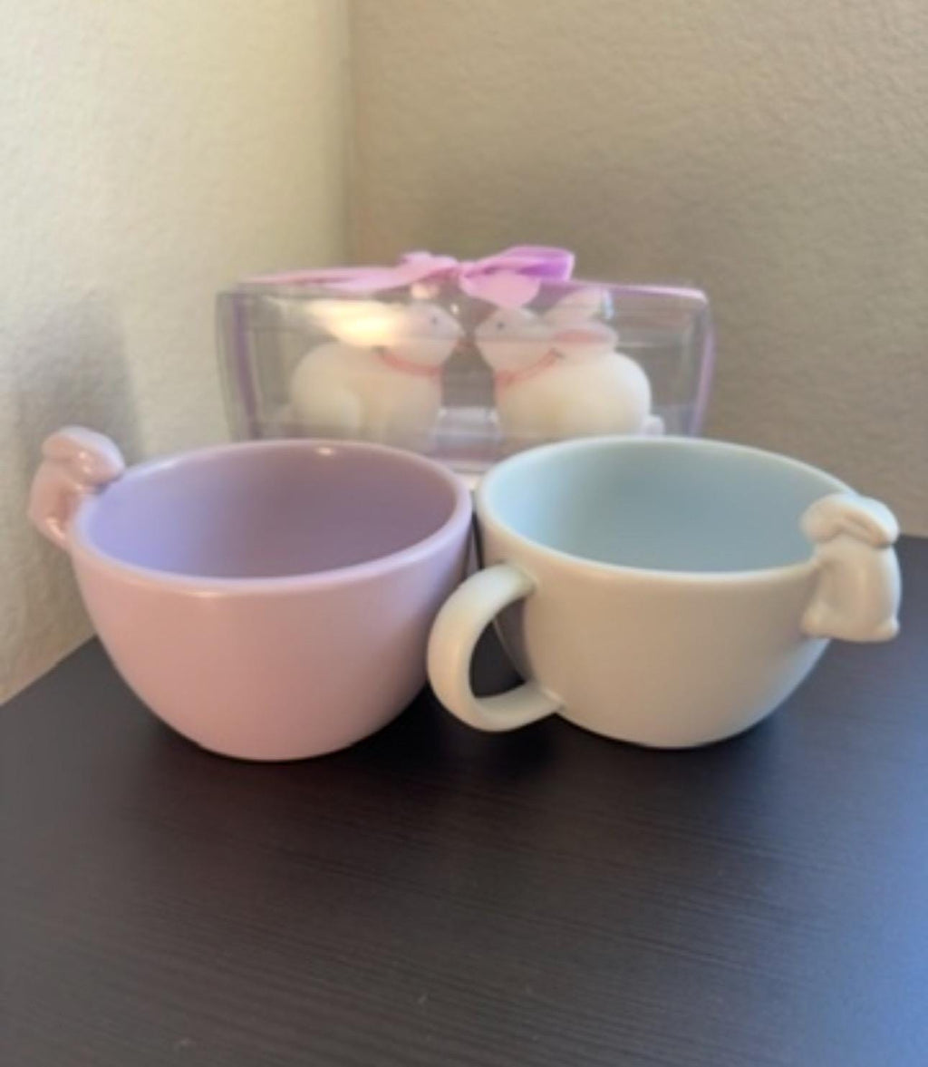 Easter Set 2 Cups and 2 Bunny Candles Spring Gift Decor. New! Ship Fast.