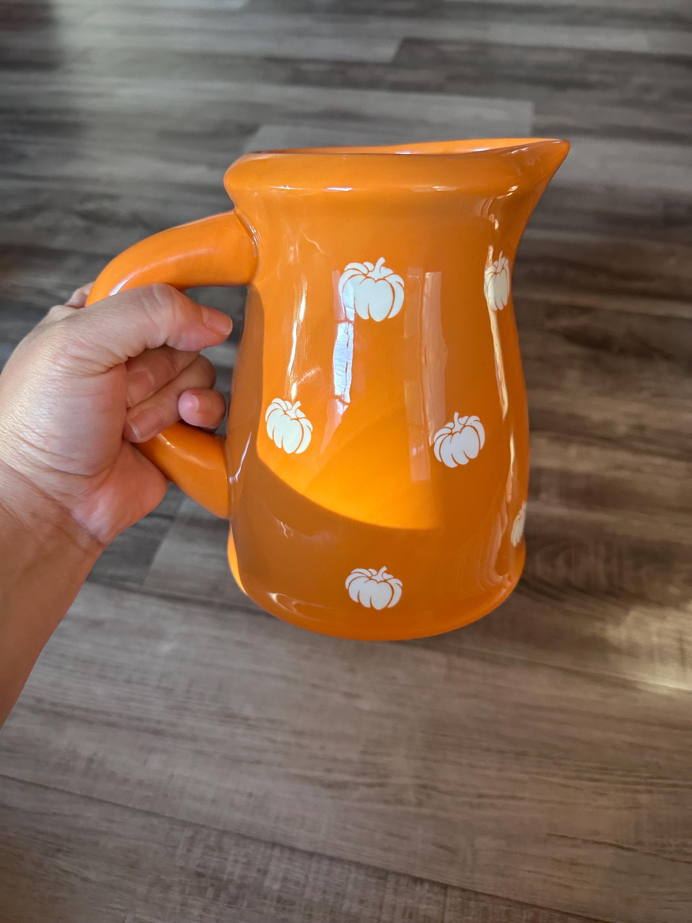 Terramoto Ceramic Orange Pitcher with White Pumpkins – Autumn Fall Decor. Ship Fast!