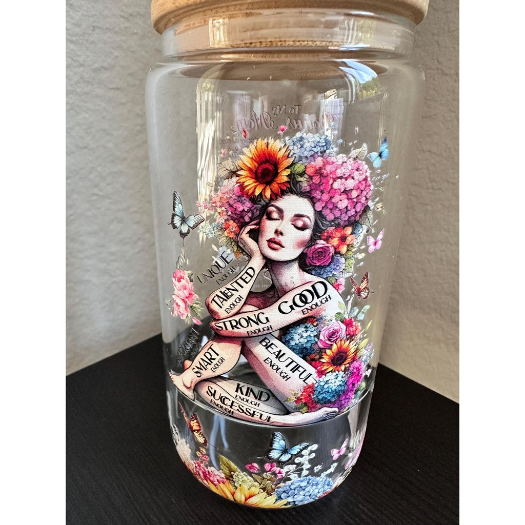 You Are Enough Glass Cup 16oz Bamboo Lid Straw Affirmation Gift