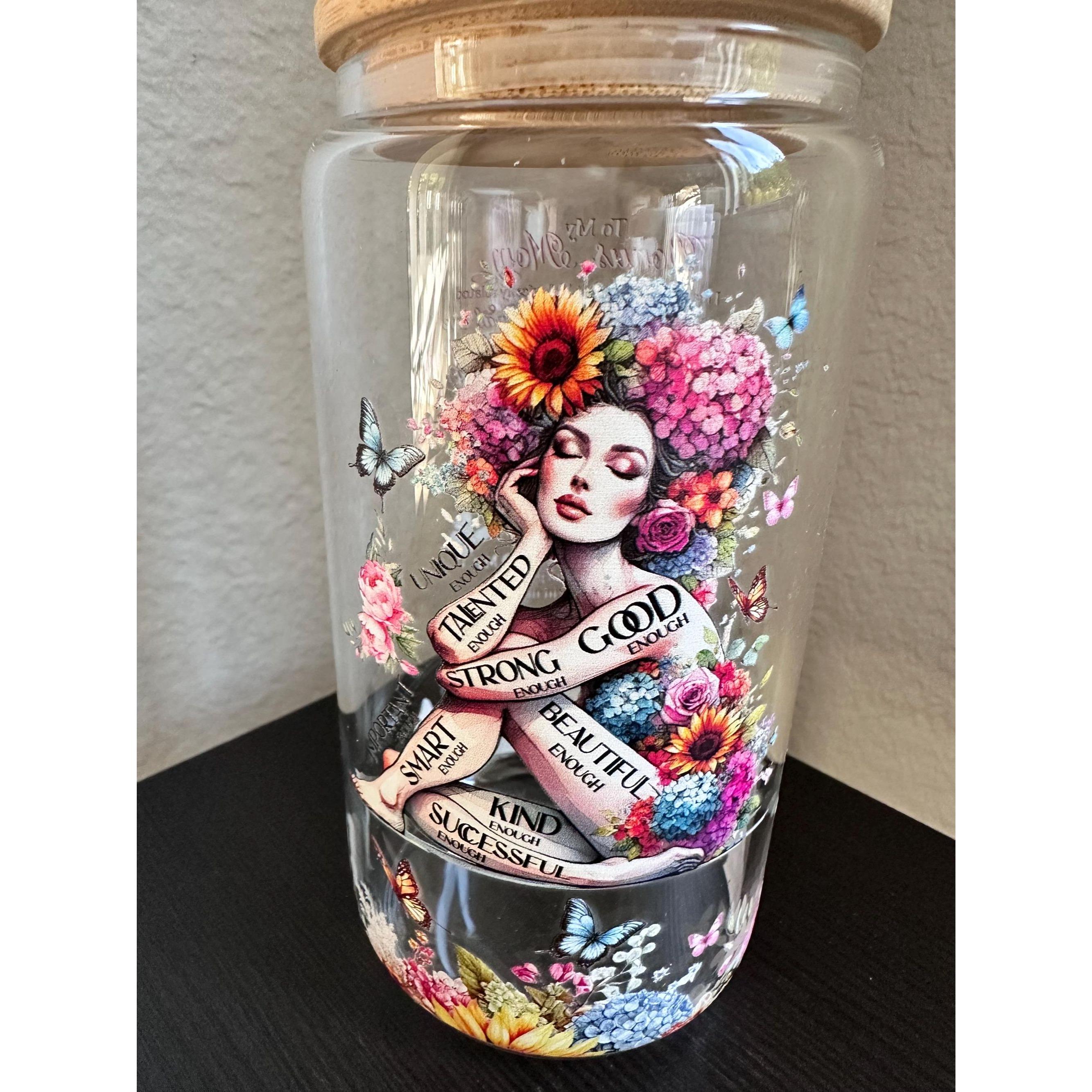 You Are Enough Glass Cup 16oz Bamboo Lid Straw Affirmation Gift