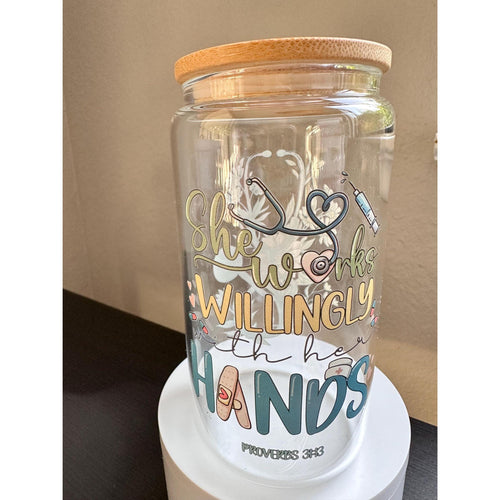 16oz glass cup with lid & straw – “She works willingly with her hands”. Ship fast!