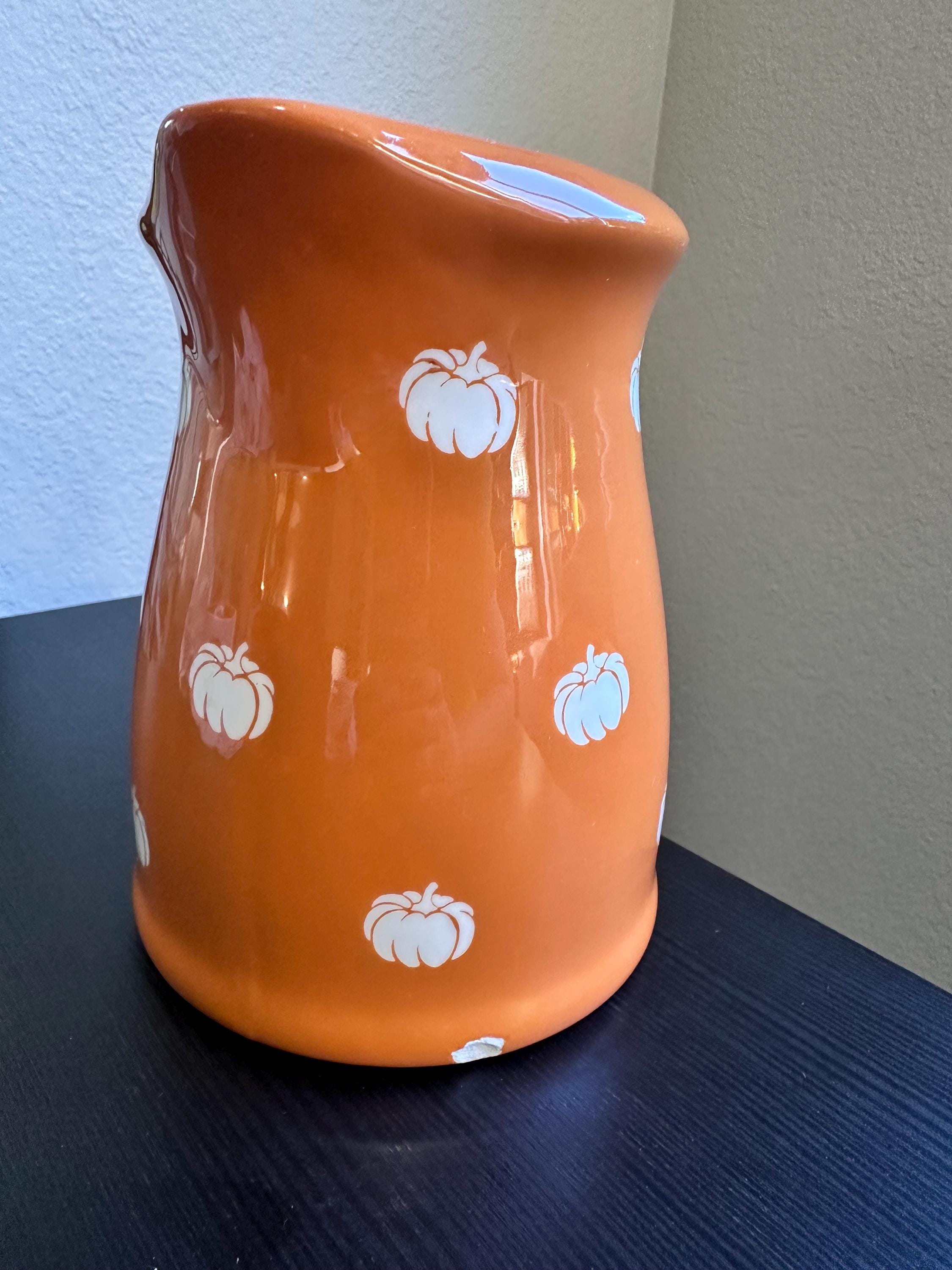Terramoto Ceramic Orange Pitcher with White Pumpkins – Autumn Fall Decor. Ship Fast!