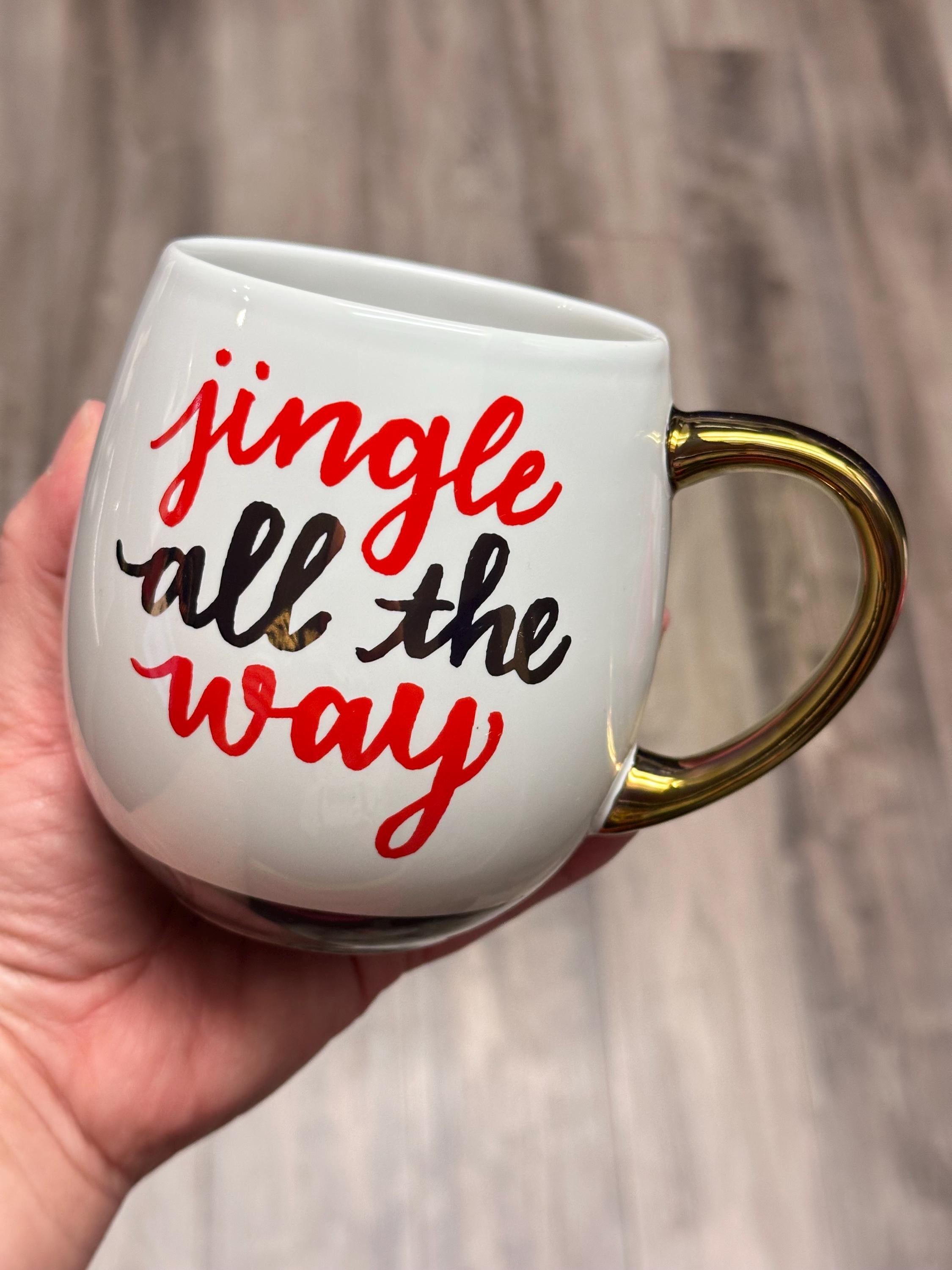 Jingle All The Way Holiday Mug White Gold Handle 14 oz Stoneware. Ship Fast!