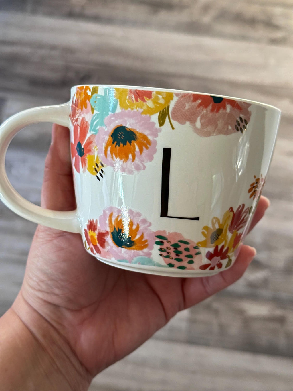 Floral Monogram Mug Letter L 16oz Stoneware. Ship Fast!