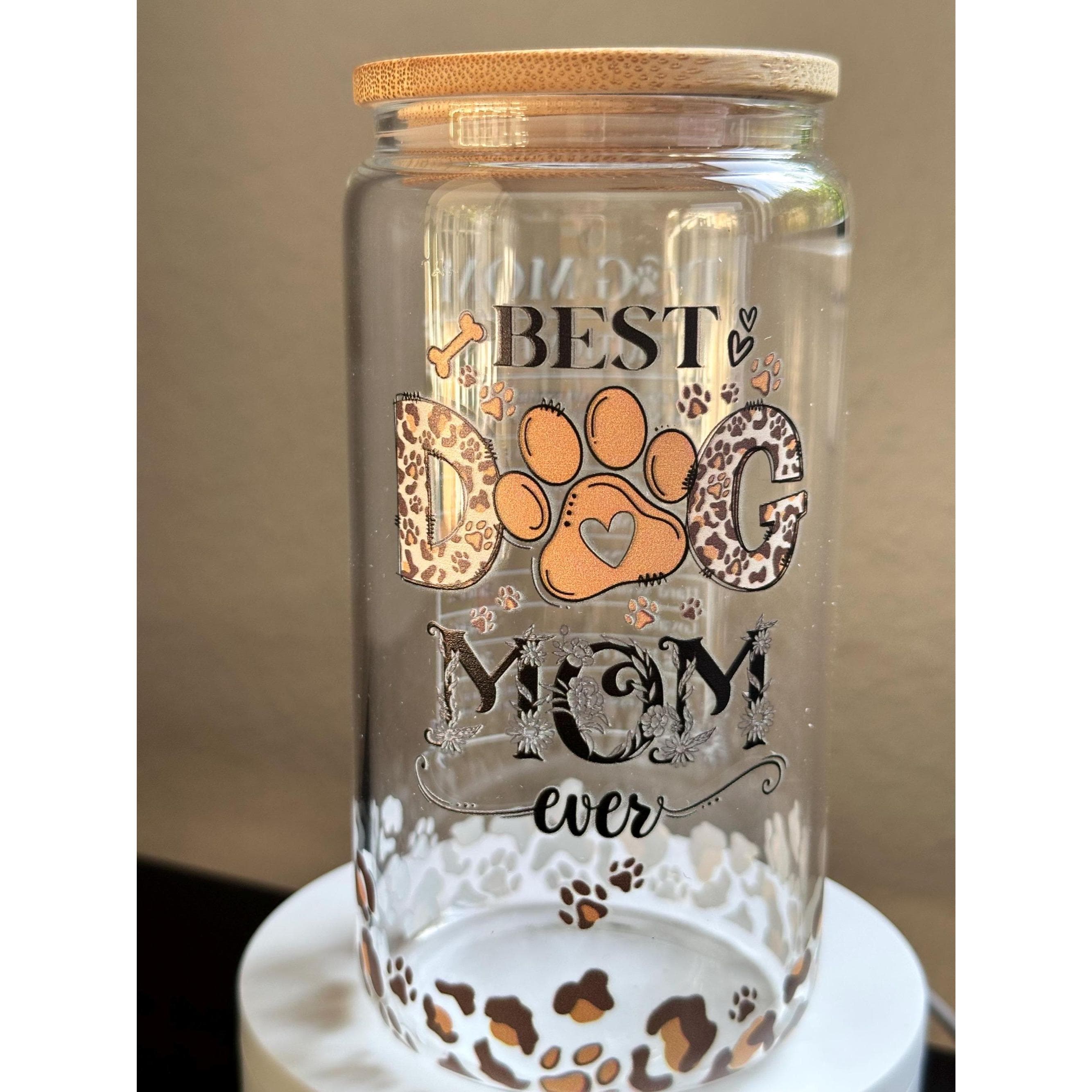Dog Mom Glass Cup with Bamboo Lid & Straw | 16oz Iced Coffee Cup. Ship fast!