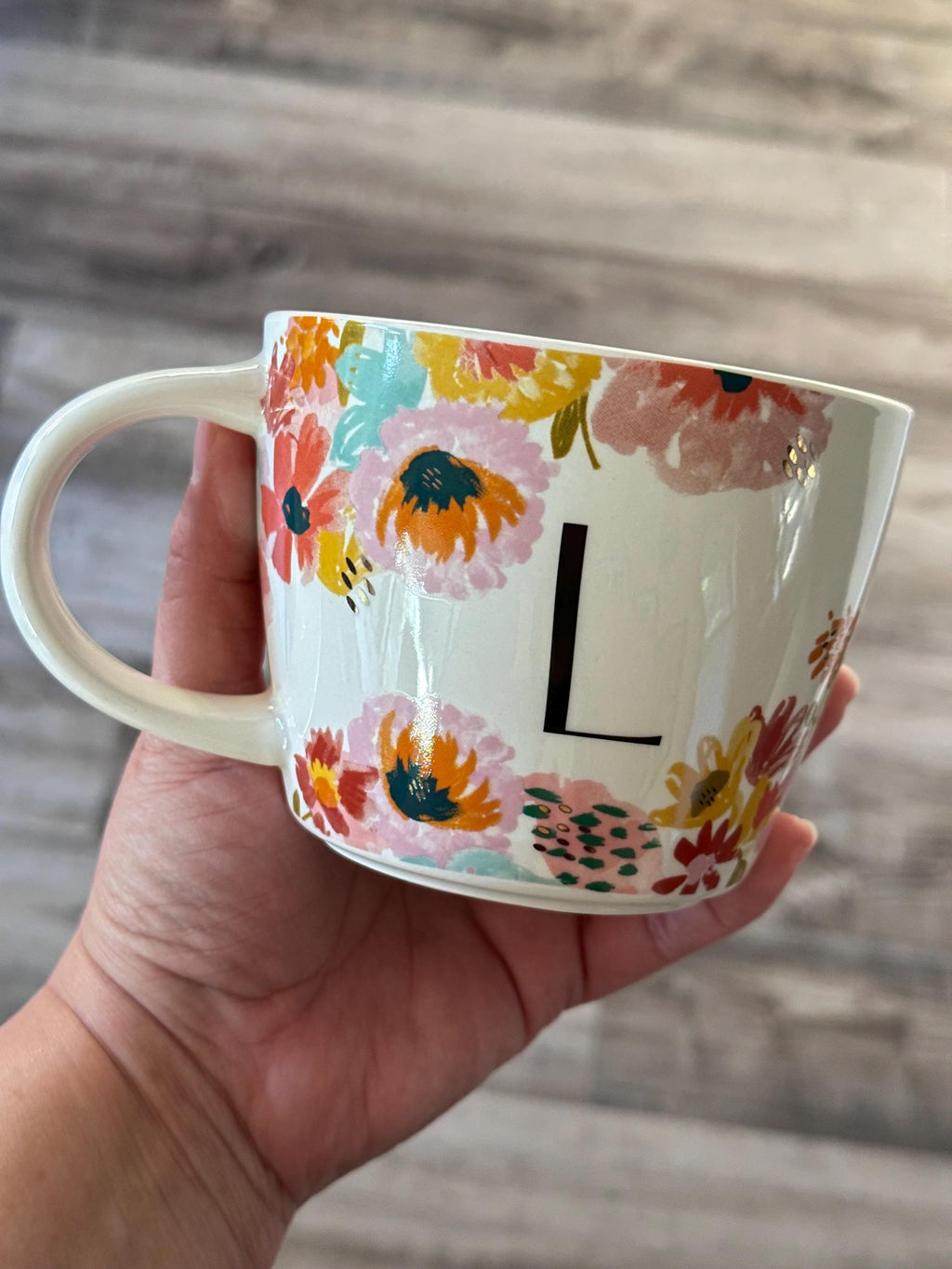 Floral Monogram Mug Letter L 16oz Stoneware. Ship Fast!
