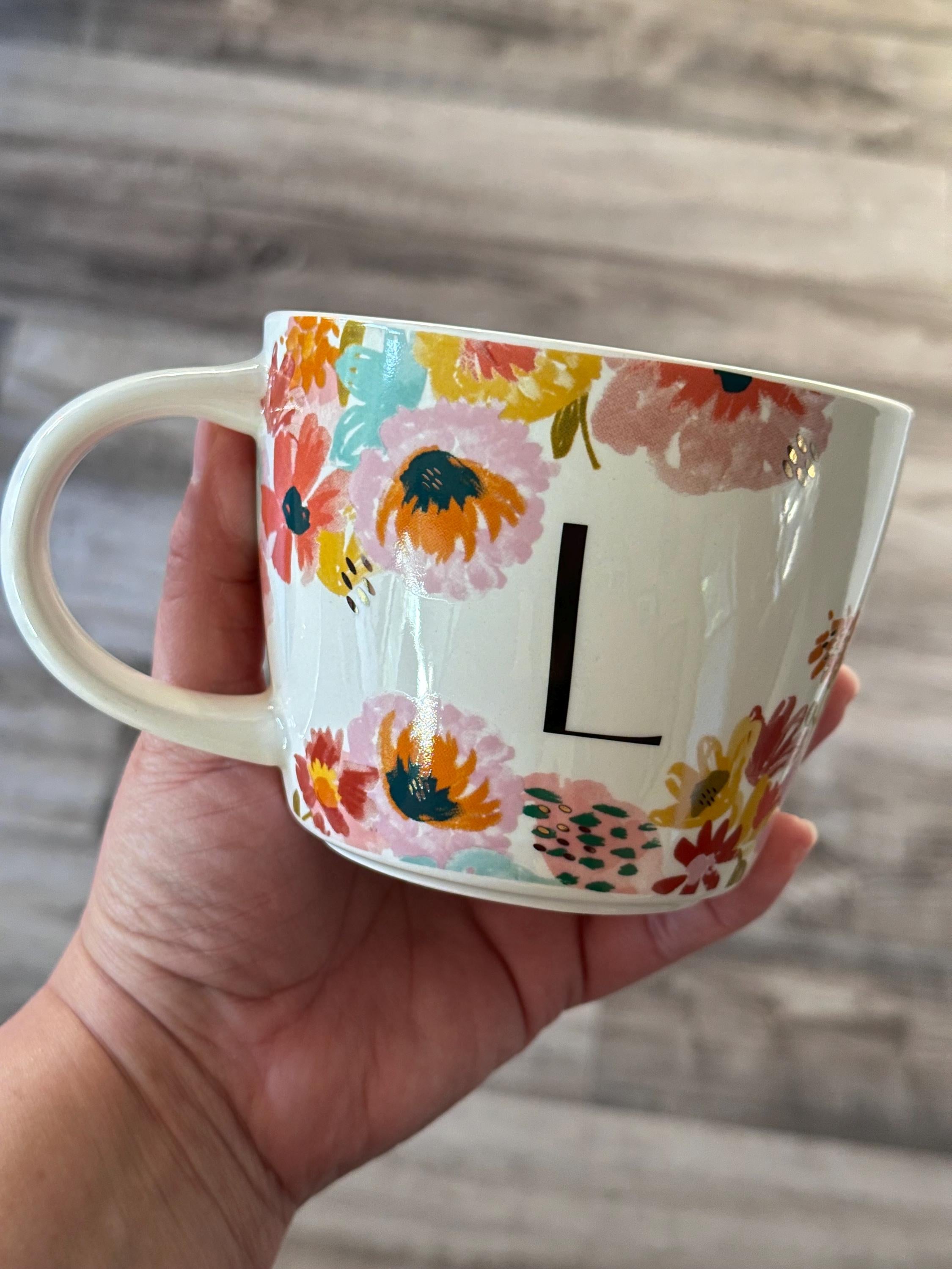 Floral Monogram Mug Letter L 16oz Stoneware. Ship Fast!
