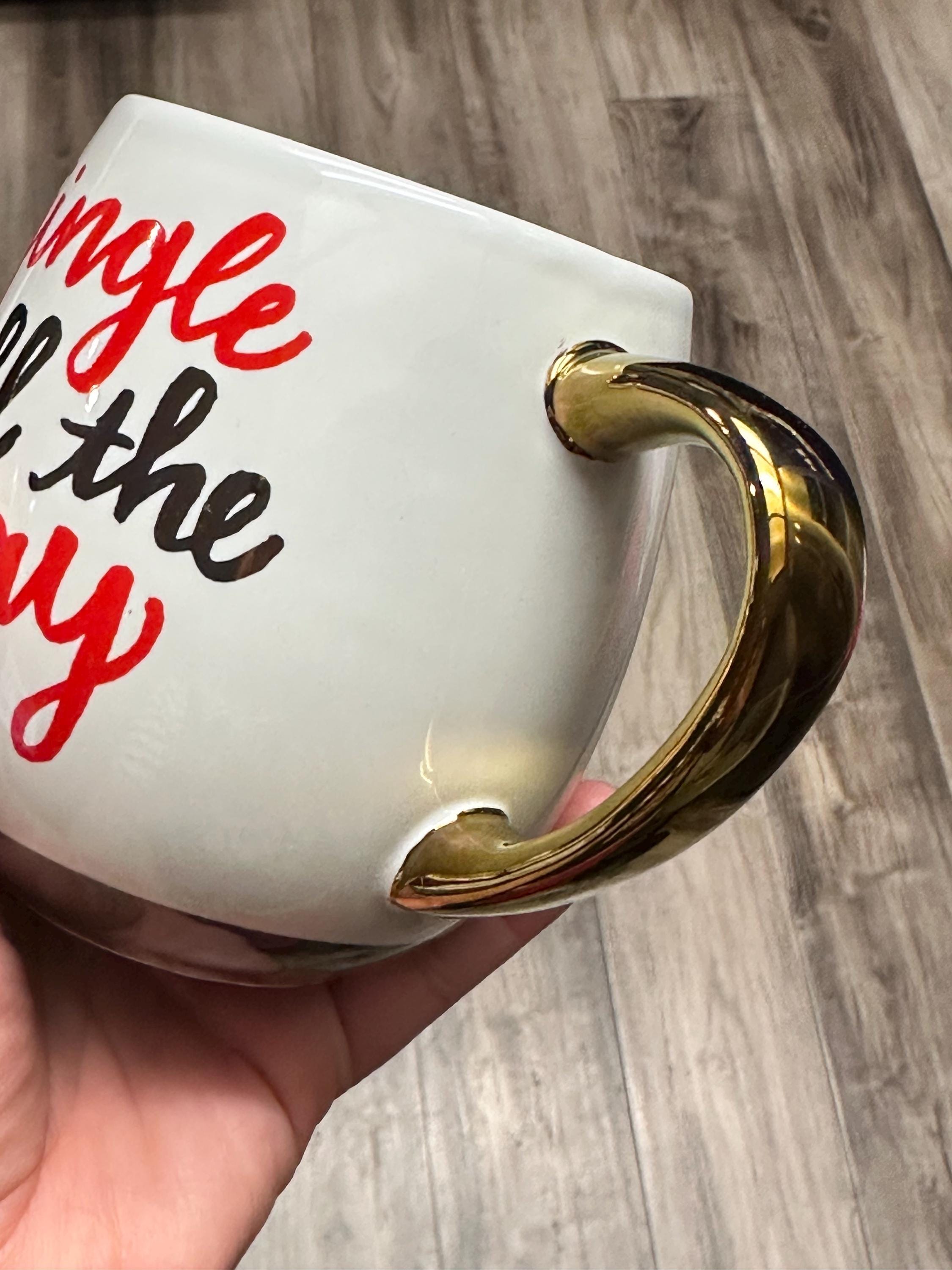 Jingle All The Way Holiday Mug White Gold Handle 14 oz Stoneware. Ship Fast!