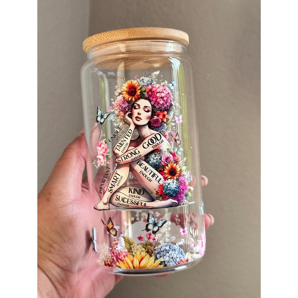 You Are Enough Glass Cup 16oz Bamboo Lid Straw Affirmation Gift