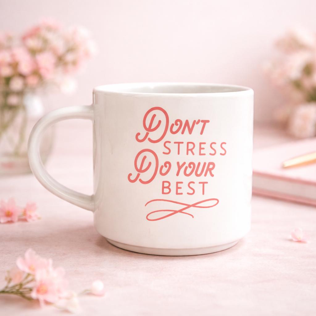 Don’t Stress Do Your Mug – 14 oz Ceramic Coffee Cup – Pink Ivory. Ship Fast! | Little Joy Market