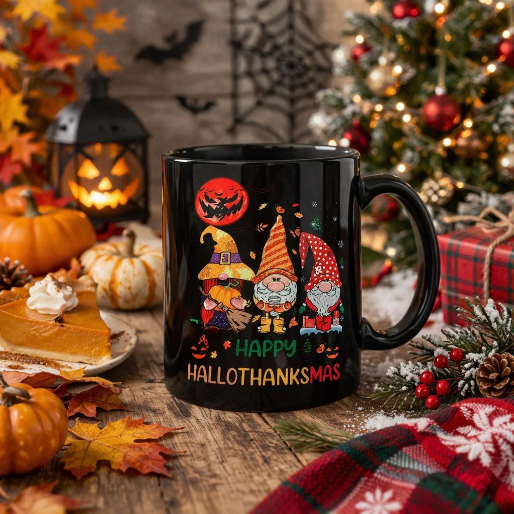 Funny HalloThanksmas Mug Halloween Thanksgiving Christmas Gnomes Cup. New! | Little Joy Market