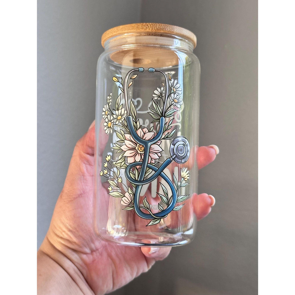 16oz glass cup with lid & straw – “She works willingly with her hands”. Ship fast!