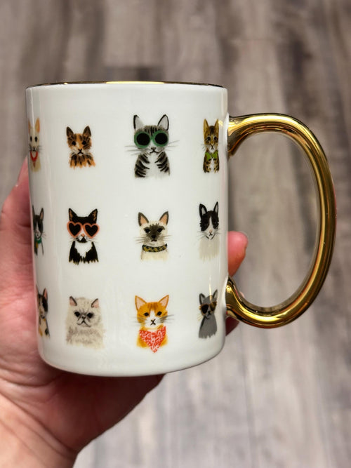 Colorful Cat Faces Coffee Mug with Gold Handle, 12 oz