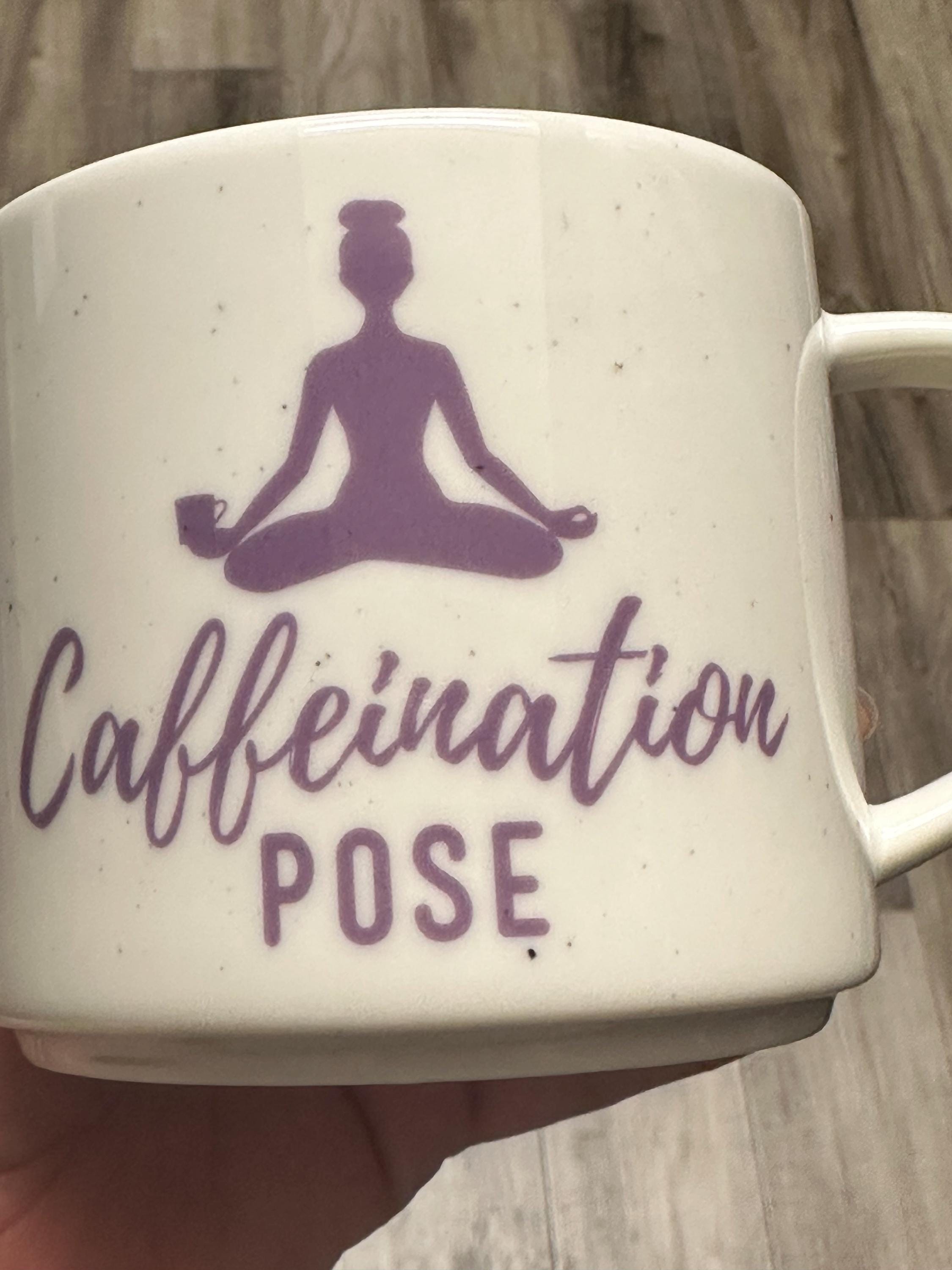 Caffeination Pose Mug 14 oz White and Purple – New. Ship Fast!
