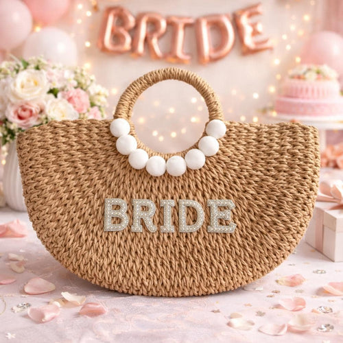 Bridal Straw Beach Bag | Bride Pearl Letter Tote | Wedding & Honeymoon Bag. Ship fast! | Little Joy Market